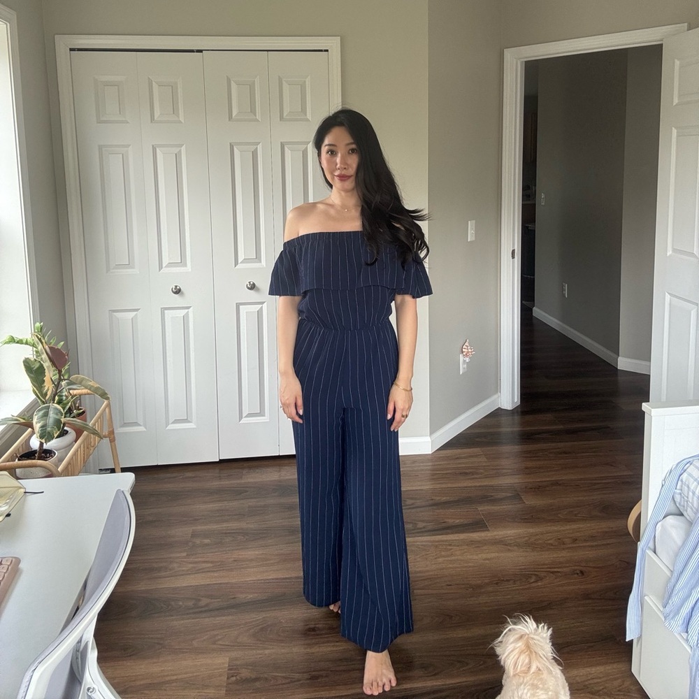 Navy Off-Shoulder Striped Jumpsuit